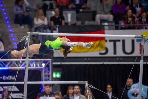 EnBW DTB-Pokal Stuttgart 2025, Mixed Cup***Janoah Müller warming up on the uneven bars