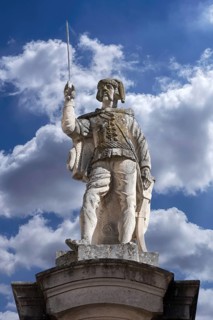 Sculpture of a soldier on a column in front of the Ellingen Residence, Ellingen, Middle Franconia,
