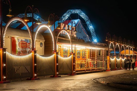 Illuminated circus with colourful arches and lights at night, Böblingen, Germany, Europe