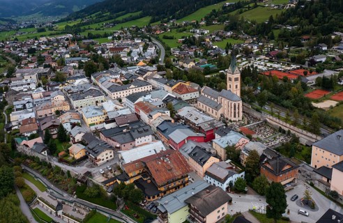 Drone shot, view of town with parish church, Radstadt, Pongau, Salzburg province, Austria, Europe