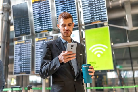 Businessman using smartphone while holding reusable coffee cup in airport, checking flight schedule