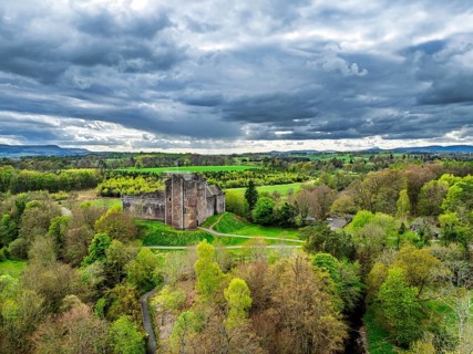 Doune Castle from a drone, Doune, Stirling, Scotland, England, United Kingdom, Europe
