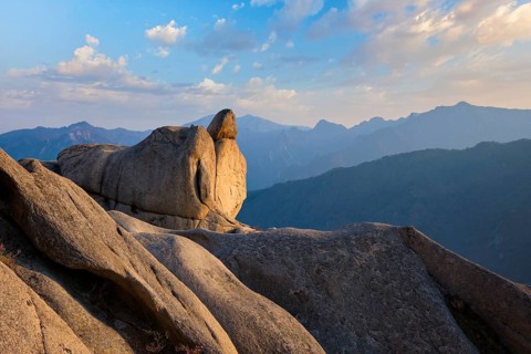 View of stones and rock formations from Ulsanbawi rock peak on sunset. Seoraksan National Park,