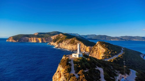 Aerial view of the Lighthouse or Cabo Ducato Lefkas in the southern area of the island of Lefkada.