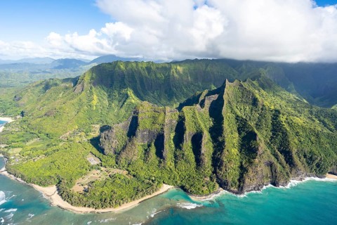 Aerial view Ke'e Beach, Haena Beach, Tunnels Beach, Kepuhi Beach, Kauai, Hawaii, USA, North America