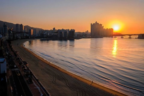 Gwangalli Beach in Busan on sunrise, South Korea. Aerial view