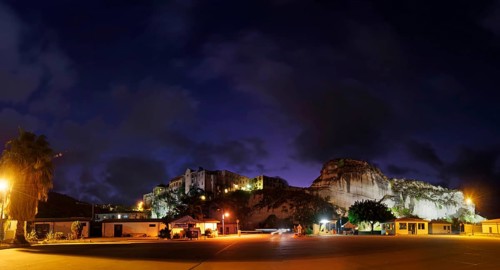 Panorama at the harbour of Tropea with the old town of Tropea at night, Tropea, Vibo Valentia,