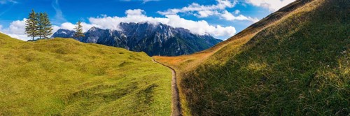 Panorama from Hoher Kranzberg, 1397m onto the cloudy Karwendel Mountains, Werdenfelser Land, Upper