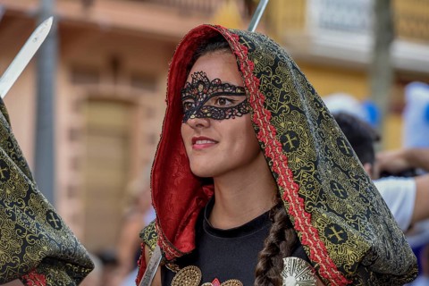 Woman in historic clothes, Moors and Christian Parade, Moros y Cristianos, Jijona or Xixona,