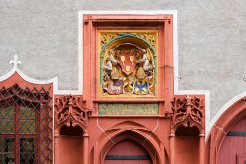 Coat of arms panel, former cathedral provostry, Domplatz, Burgberg, Meissen, Saxony, Germany,