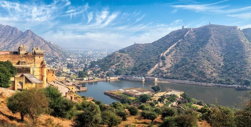 Indian travel famous tourist landmark, panorama view of Amer (Amber) fort and Maota lake,