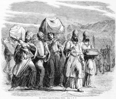 The Levites carry the sacred vessels, offerings, wine, God, Moses, flesh, bull, Aaron, Kohath,