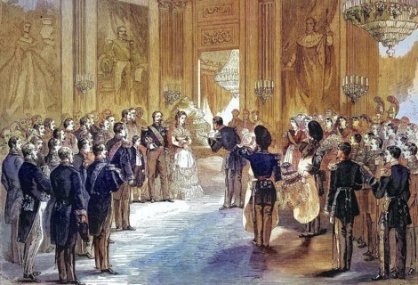Stay of the Court in Compiegne, the Empress's Feast. The officers present the Empress with bouquets