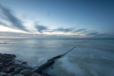 Dawn on Hovmarken Beach, Breakwater, Baltic Sea Island Mon, Denmark, Europe