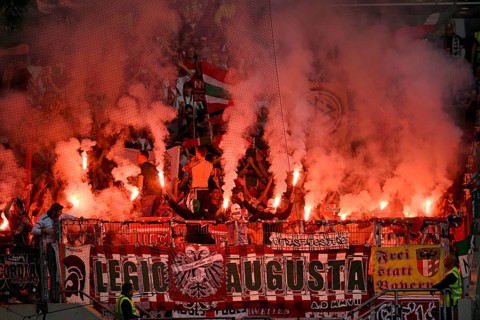 Bengalos in the FC Augsburg FCA fan block, Mercedes-Benz Arena, Stuttgart, Baden-Württemberg,