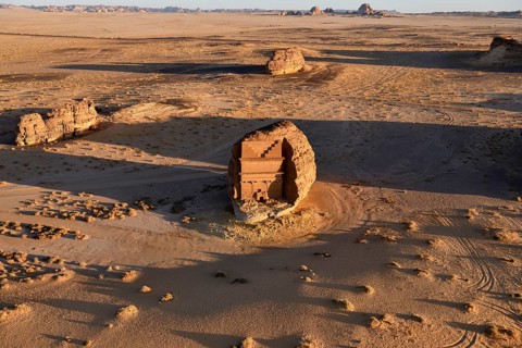 Qasr Al-Farid, 2000-year-old tomb of the Nabataeans, aerial view, Hegra or Madain Salih, AlUla