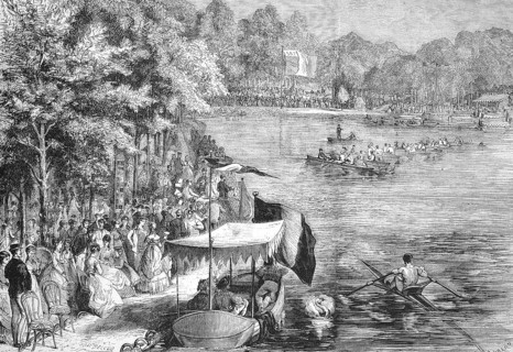 Competition of rowing clubs on the Bois de Boulogne lake in the west of Paris, 1869, France,