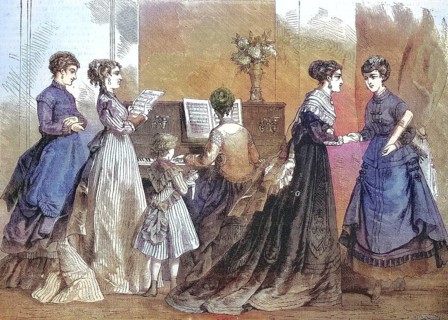 Distinguished woman in the fashion of the season, 1868, at the piano and singing, costumes and