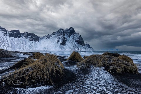 Black sand dunes with reed remains, behind them snowy rocky slopes of Vestrahorn, near Höfn,