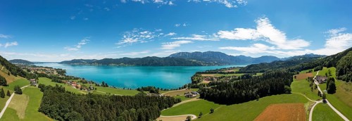 Drone shot, panorama shot, Nussdorf am Attersee with Höllengebirge, Salzkammergut, Upper Austria,