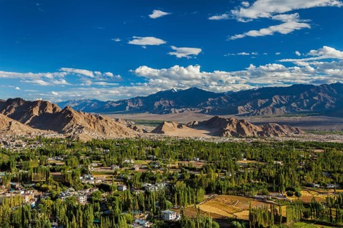 View of Leh from above from Shanti Stupa on sunset. Ladakh, Jammu and Kashmir, India, Asia