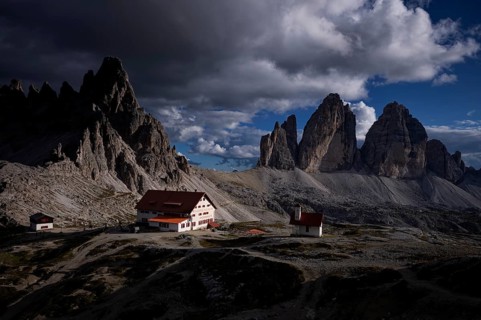 Stormy atmosphere, view of the Three Peaks Hut, chapel, Paternkofel, Three Peaks, South Tyrol,