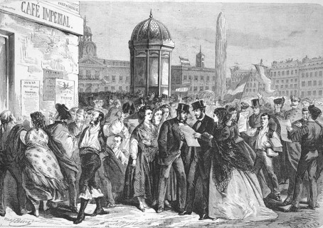 Distribution and reading of the Manifesto of the Junta, Manifeste de la Junta, 1869 in Madrid,