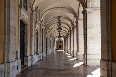 Arcades, arcade at the Ministry of Justice, Praça do Comercio, Baixa district, Lisbon, Portugal,