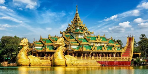 Panorama of Yangon icon landmark and tourist attraction: Karaweik, replica of a Burmese royal barge