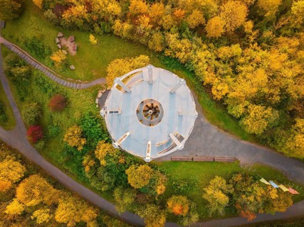 Aerial view of the Schönbuchturm in the autumn forest, Herrenberg, Germany, Europe