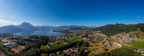 Drone shot, panorama shot, Altmünster am Lake Traun, Salzkammergut, Upper Austria, Austria, Europe