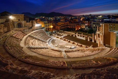 Teatro Romano, blue hour, Roman amphitheater, in the old town of Cartagena, Murcia region, Spain,