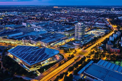 MUNICH, GERMANY, JULY 08, 2018: Aerial view of BMW Museum and BWM Welt and factory and Munich from