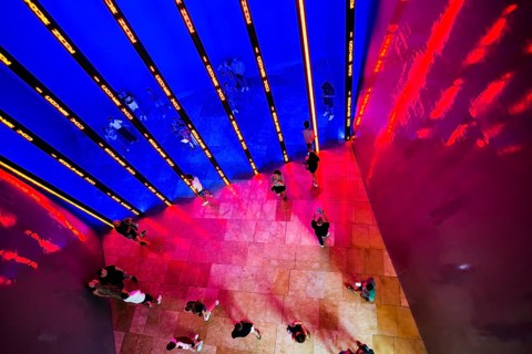 Guggenheim Museum, architect Frank Gehry, interior view, artist Jenny Holzer, Bilbao, Basque