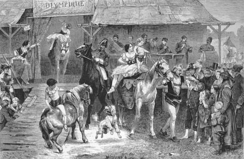 Parade in front of the circus, horses and acrobats amuse children and adults, 1869, Paris, France,