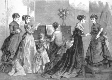 Distinguished woman in the fashion of the season, 1868, at the piano and singing, costumes and