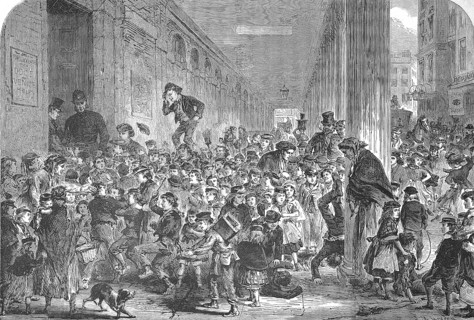 Crowd of children for the Christmas performance of the pantomime at the Drury-Lane Theatre, London,