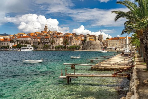 View of the old town and harbour of Korcula, Croatia, Europe