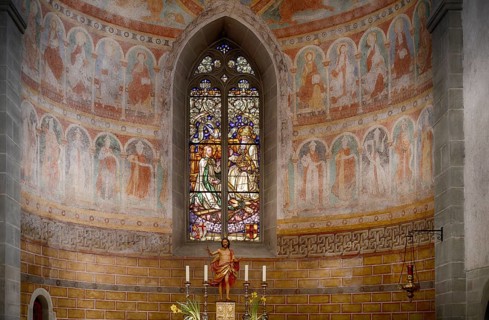 Interior view, painting in the apse, divided into three sections, choir, altar, stained glass