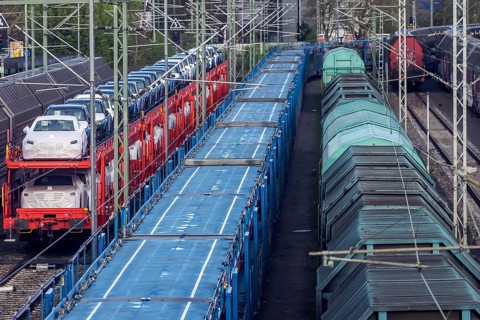 Sindelfingen railway station. Goods trains parked on the tracks. Automotive RailNet. Car transport