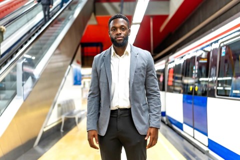 Young businessman standing on a subway platform, waiting for his train, symbolizing urban commuting