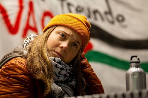 Greta Thunberg taking part in a pro-Palestinian rally on the market square in Mannheim