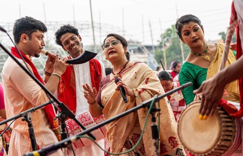 Head instructor Dreamly Gogoi (M) dance in a Bihu dance workshop ahead of Rongali Bihu Festival, in