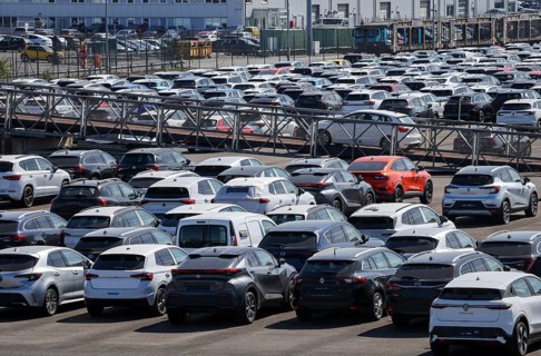 Duisburg, North Rhine-Westphalia, Germany - New cars, transhipment centre, car terminal in Duisburg