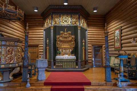 Chancel, wooden church, Kvam, Upper Gudbrandsdalen, Norway, Europe