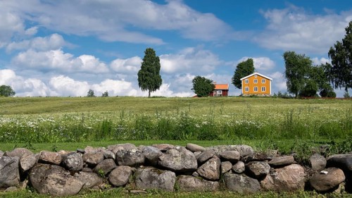 Falun red and Swedish yellow wooden house, stone wall, trees, meadow, blue sky, clouds, at Lake