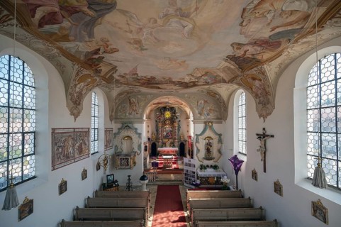 View from the organ loft onto the church interior and altar with Lenten cloth, 18th century, St