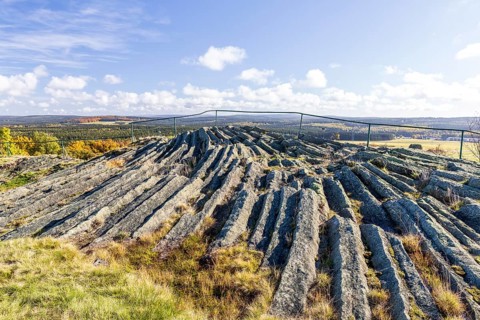 Exposed basalt outcrop from volcanic times, Hirtstein, Marienberg, Erzgebirge, Saxony, Germany,