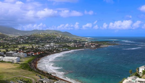 Panoramic view on Timothy Hill lookout of Saint Kitts and Nevis Caribbean island on cruise vacation