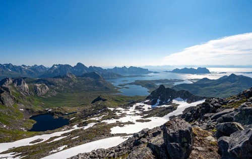 View of mountains and fjord landscape, mountain panorama, at the summit of Rundfjellet, lake